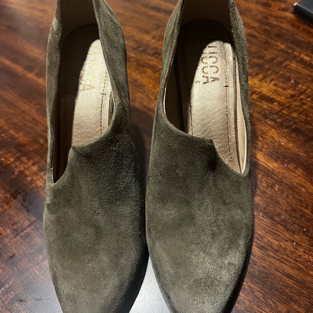 LUCCA Lane Olive Suede Slip-On Heels